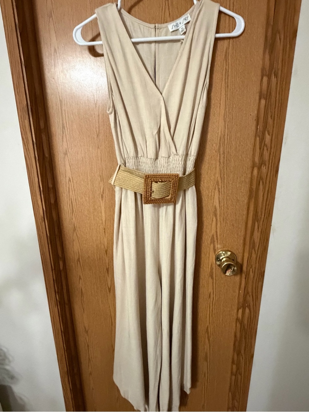 NWT She + Sky Beige Wide Leg Jumpsuit Raffia Belt Sleeveless Size Medium